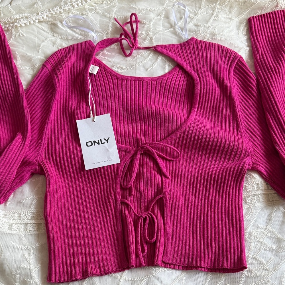 Only Fuchsia Ribbed Tie-Front Top